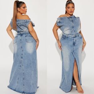 Denim Off-Shoulder Maxi Dress